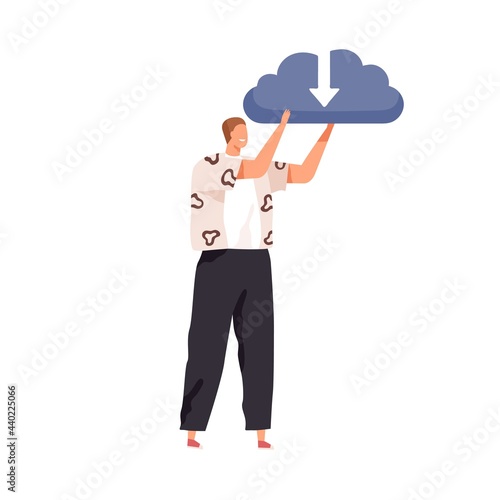 Happy person holding big cloud with arrow as symbol of online storage service. Data download and upload concept. Colored flat vector illustration of internet archive isolated on white background