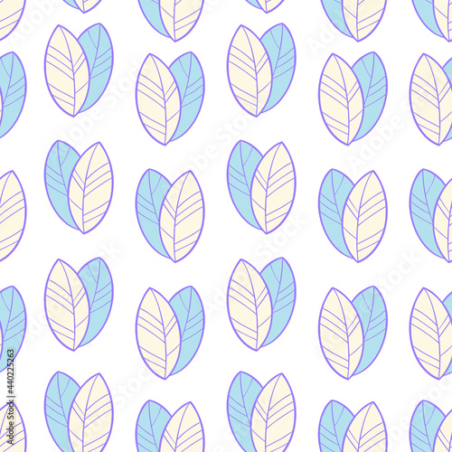 Leaves pastel colours vector pattern, foliage light blue and pink details for design, textile, art.