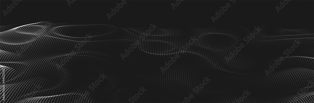 Black background. 3d dotted surface. Futuristic landscape. Halftone pattern. Technology presentation backdrop. Vector illustration