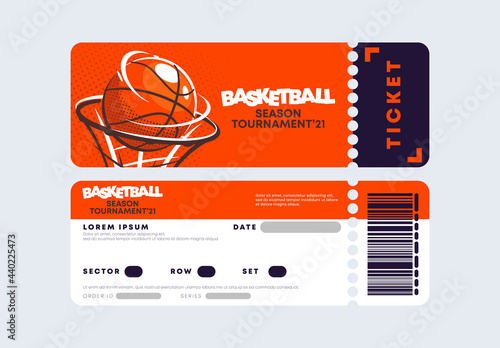 vector illustration of a basketball tournament entrance ticket template, front and back, flat design, basketball ball in a ring photo