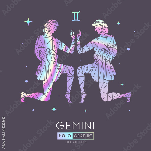 Modern magic witchcraft card with polygon astrology Gemini zodiac sign. Holographic  Polygonal men figure illustration