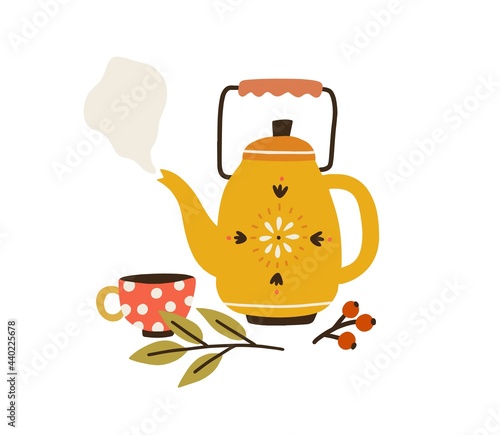 Vintage tea kettle with hot steam, cup and herbs. Rustic teapot with autumn herbal drink, teacup, leaves and berries composition. Colored flat vector illustration isolated on white background