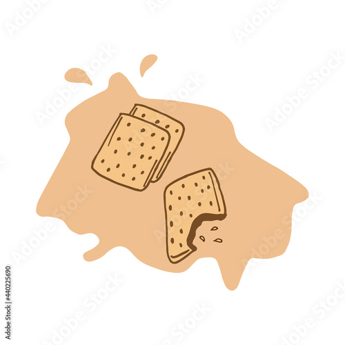 healthy snack, chocolate crackers illustration. brown color paint spattered. hand drawn vector. cookies icon for meal. doodle art for logo, label, cover, poster, banner, sticker, clipart, advertising.