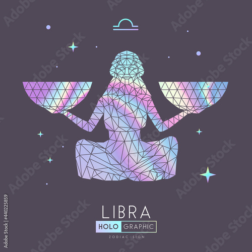 Modern holographic magic witchcraft card with astrology Libra zodiac sign. Polygonal woman with scales