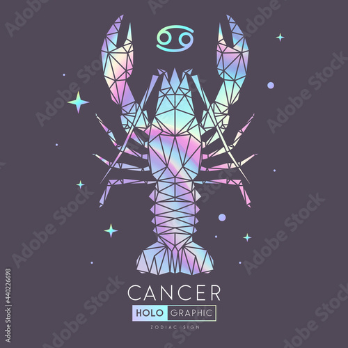 Modern magic holographic witchcraft card with astrology Cancer zodiac sign. Lobster illustration in polygolan style photo