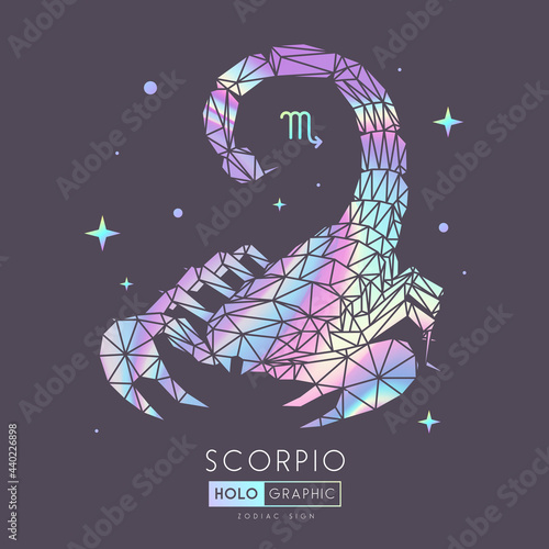 Modern magic witchcraft card with astrology Scorpio zodiac sign. Holographic Scorpion illustration in polygonal style