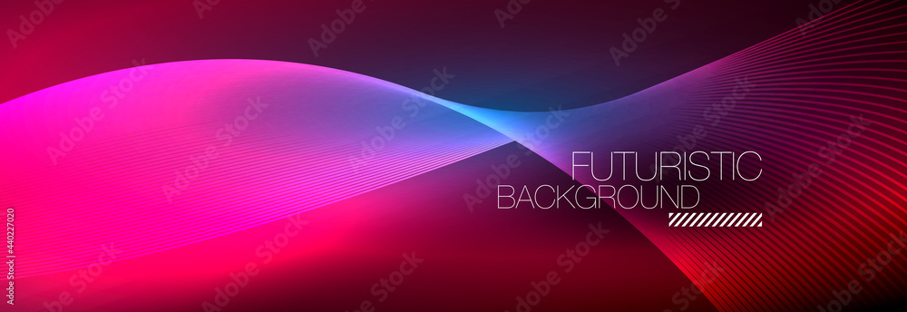 Abstract neon glowing light in the dark with waves. Shiny magic energy and motion concept, vector abstract wallpaper background Abstract neon glowing light in the dark with waves. Shiny magic energy and motion concept, vector abstract wallpaper background