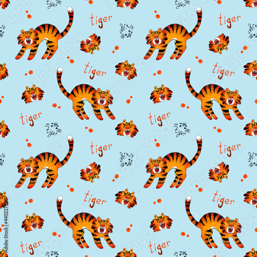 seamless watercolor pattern with tigers and lettering on colored background. stylized illustrations for wrapping paper, fabric and decor. © Anna