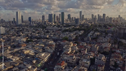 Business city center of Tel Aviv, Israel:  4k aerial drone skyline view photo