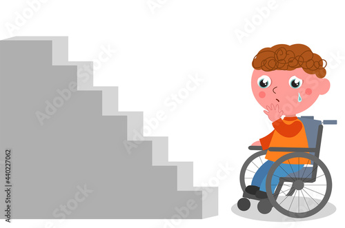 A disabled boy in a wheelchair cries sadly while looking at a flight of stairs, vector cartoon illustration