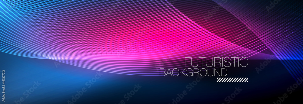 Abstract neon glowing light in the dark with waves. Shiny magic energy and motion concept, vector abstract wallpaper background Abstract neon glowing light in the dark with waves. Shiny magic energy and motion concept, vector abstract wallpaper background