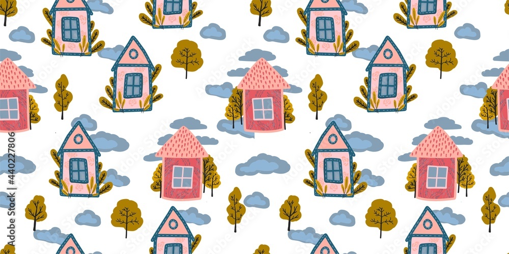 Cute baby pattern for toddlers. Fabulous pink houses on a white background. Hand-drawn style. Simple pattern for textiles and fabrics