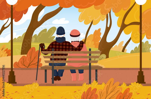 Grandfather and grandmother are sitting on a bench in the autumn city park. Family of adults hug and enjoy the scenery. Vector illustration.