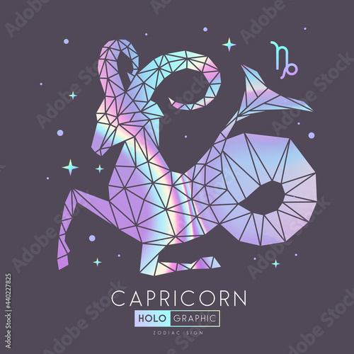 Modern magic holographic witchcraft card with polygonal astrology Capricorn zodiac sign. Polygonal ram or mouflon