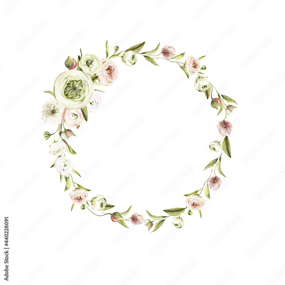 Fototapeta premium Watercolor floral wreath. Hand painted frame of anemone, ranunculus, pink peonies. Flower, leaves isolated on white background. Botanical illustration for design, print or background