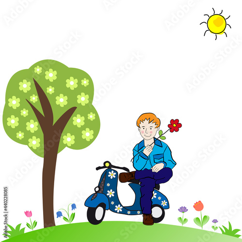 Hombre sentado en moto scooter en el campo.