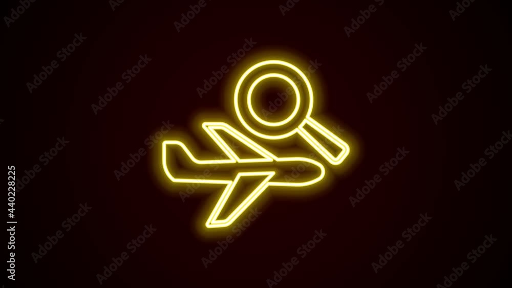 Glowing neon line Airplane search icon isolated on black background. 4K Video motion graphic animation Glowing neon line Airplane search icon isolated on black background. 4K Video motion graphic animation