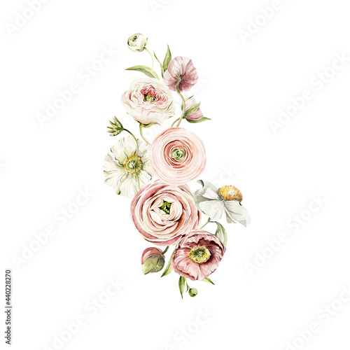 Watercolor floral composition. Hand painted anemone, ranunculus, pink peonies bouquet set. Flower, leaves isolated on white background. Botanical illustration for design, print or background