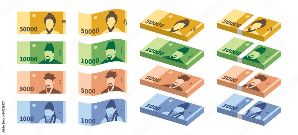 Korean currency, flat simple illustration collection of banknotes of ...