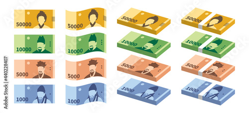 Korean currency, flat simple illustration collection of banknotes of the South Korean won isolated on white background