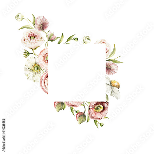 Fototapeta Naklejka Na Ścianę i Meble -  Watercolor floral frame. Hand painted wreath of anemone, ranunculus, pink peonies. Flower, leaves isolated on white background. Botanical illustration for design, print or background