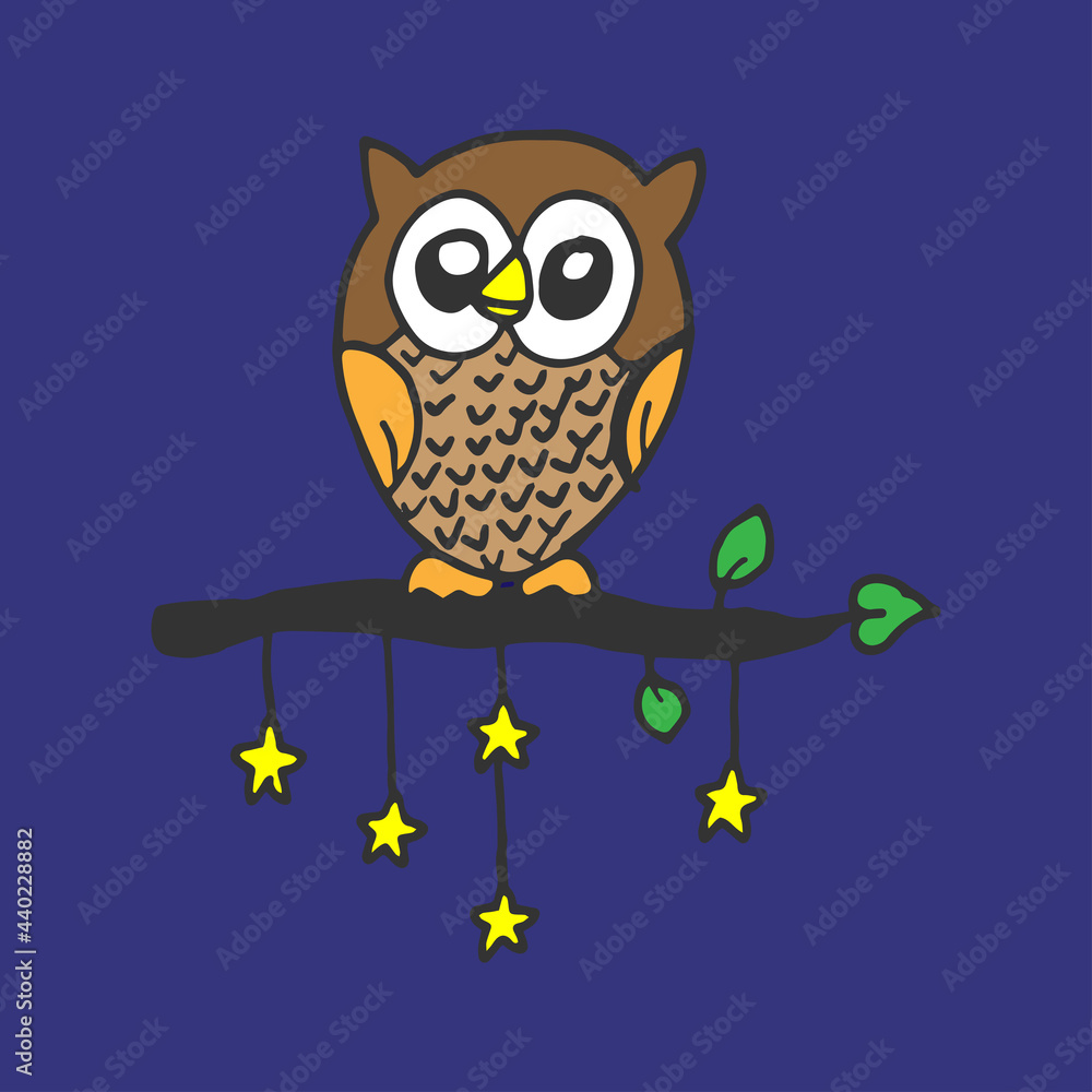 Naklejka premium cute owl on the night background. owl on the branch with green leaf an yellow star. hand drawn vector. doodle art for kids, wallpaper, greeting, card, wall decoration, sticker, postcard. wildlife bird