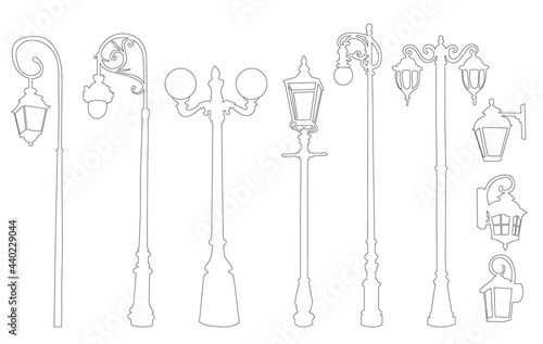 set of sketch street lamps isolated, vector