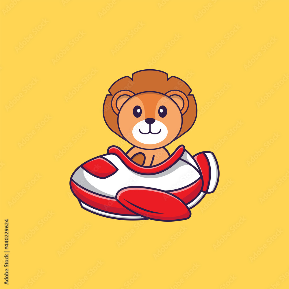 Cute lion flying on a plane. Animal cartoon concept isolated. Can used for t-shirt, greeting card, invitation card or mascot. Flat Cartoon Style Cute lion flying on a plane. Animal cartoon concept isolated. Can used for t-shirt, greeting card, invitation card or mascot. Flat Cartoon Style