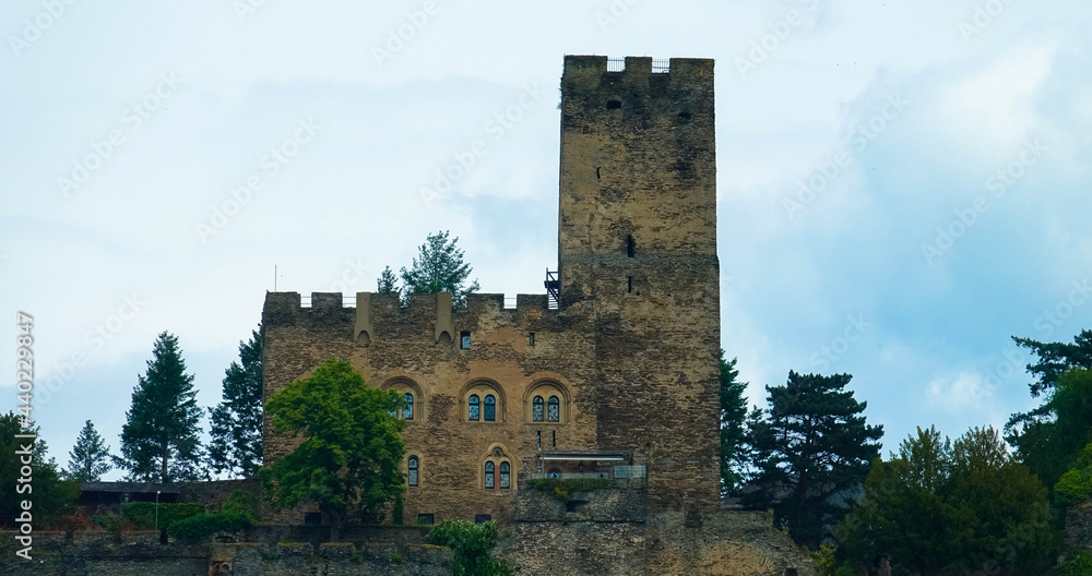 Panoramic view of Gutenfels Castle in the Rhine Valley near the village of Kaub, Germany. Rhineland-Palatinate, Upper Middle Rhine Panoramic view of Gutenfels Castle in the Rhine Valley near the village of Kaub, Germany. Rhineland-Palatinate, Upper Middle Rhine