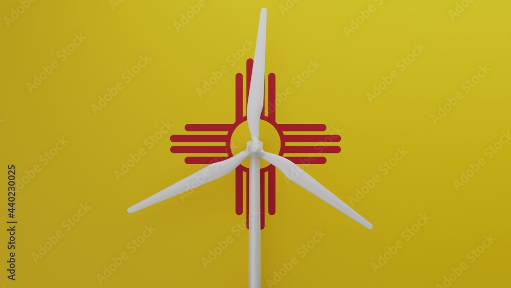 Large wind turbine in center with a background of the US state flag of of New MexicoFile ID(s): 440230025 - Original name(s): C240_New Mexico Large wind turbine in center with a background of the US state flag of of New MexicoFile ID(s): 440230025 - Original name(s): C240_New Mexico