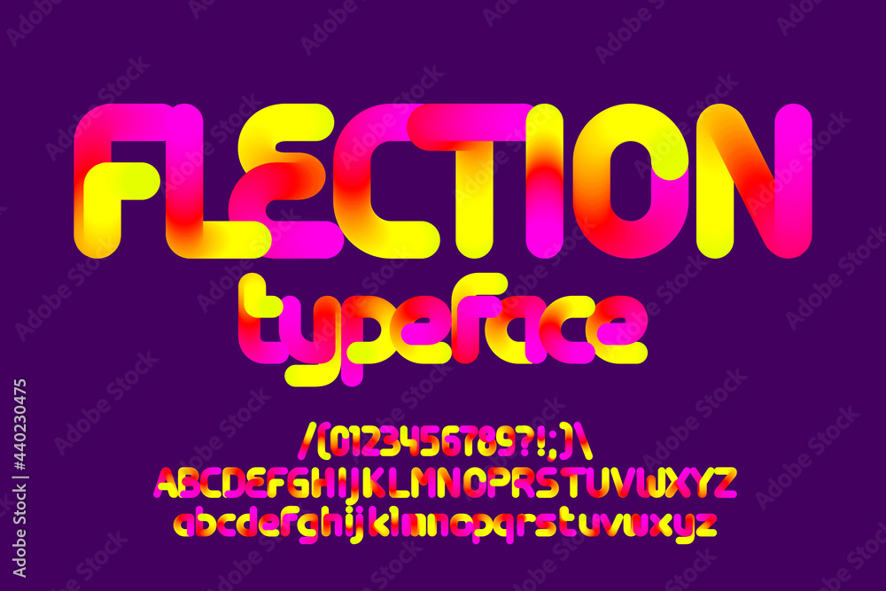 Flection alphabet font. Colorful blend letters, numbers and symbols. Stock vector typescript for your typography design.