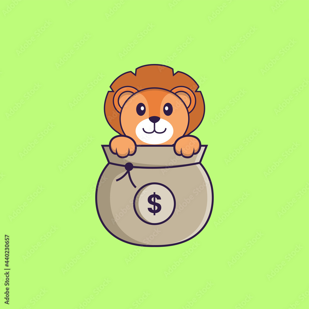 Obraz premium Cute lion playing in money bag. Animal cartoon concept isolated. Can used for t-shirt, greeting card, invitation card or mascot. Flat Cartoon Style