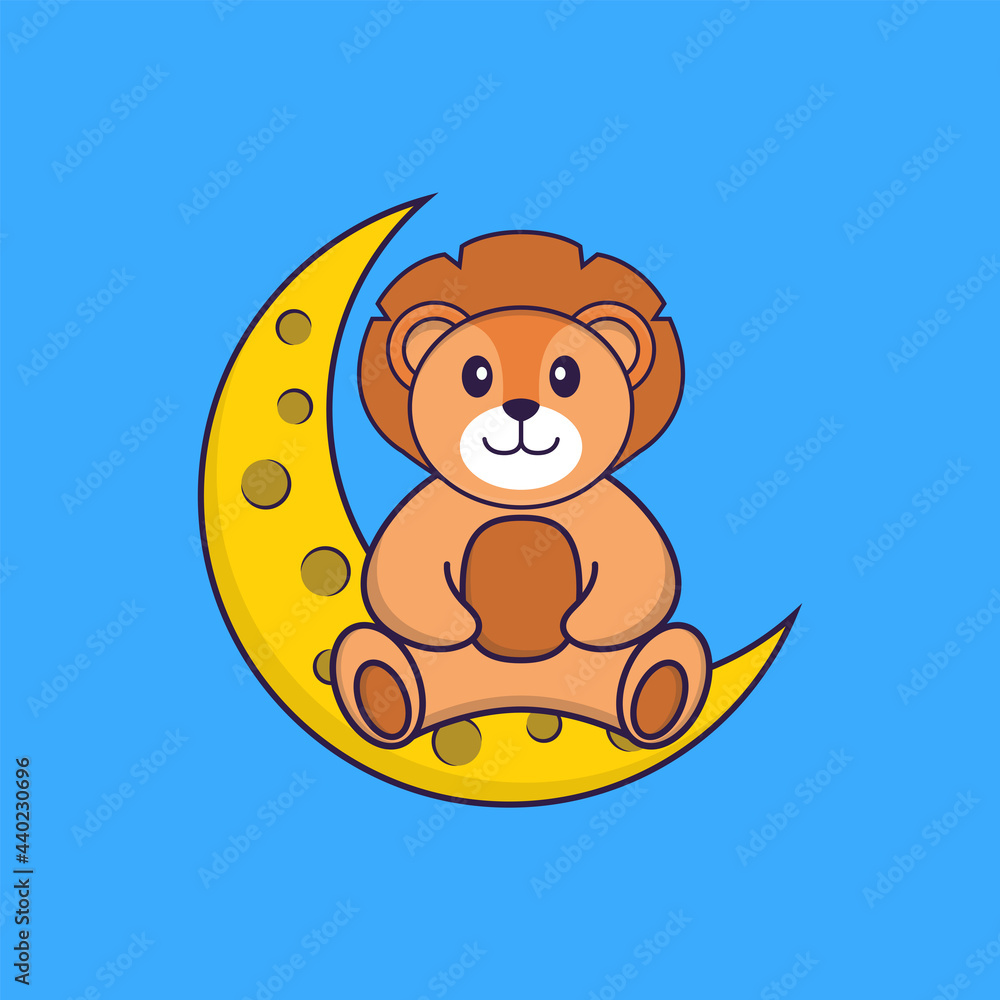 Cute lion is sitting on the moon. Animal cartoon concept isolated. Can used for t-shirt, greeting card, invitation card or mascot. Flat Cartoon Style Cute lion is sitting on the moon. Animal cartoon concept isolated. Can used for t-shirt, greeting card, invitation card or mascot. Flat Cartoon Style
