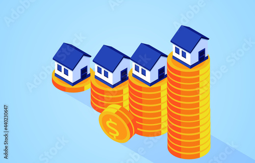 Increasing house prices, houses on isometric piles of gold coins