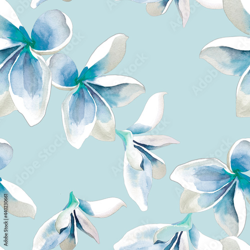 Fototapeta Naklejka Na Ścianę i Meble -  White blue plumeria flowers on light blue background seamless pattern for all prints. Tropical pattern.