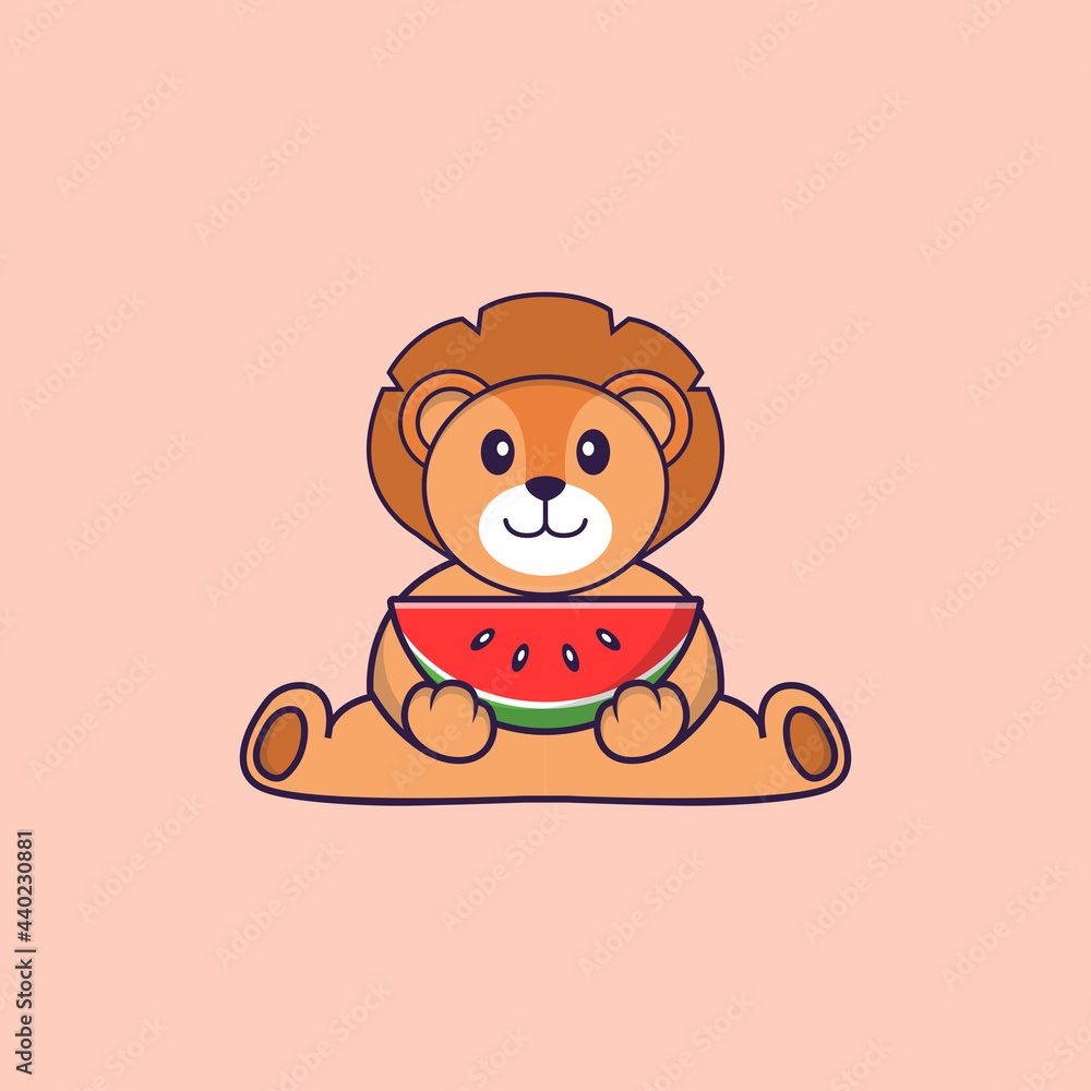 Cute lion eating watermelon. Animal cartoon concept isolated. Can used for t-shirt, greeting card, invitation card or mascot. Flat Cartoon Style