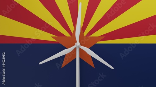 Large wind turbine in center with a background of the US state flag of Arizona