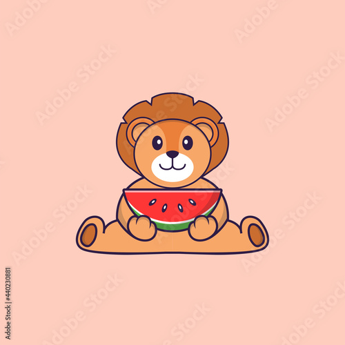 Cute lion eating watermelon. Animal cartoon concept isolated. Can used for t-shirt, greeting card, invitation card or mascot. Flat Cartoon Style