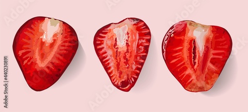 Strawberry isolated. Strawberry slices. Core. Red ripe berry. The taste of summer. Elements for design. Vector illustration. Realistic berry