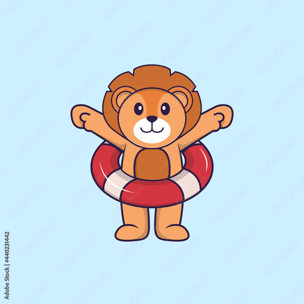 Obraz premium Cute lion using a float. Animal cartoon concept isolated. Can used for t-shirt, greeting card, invitation card or mascot. Flat Cartoon Style