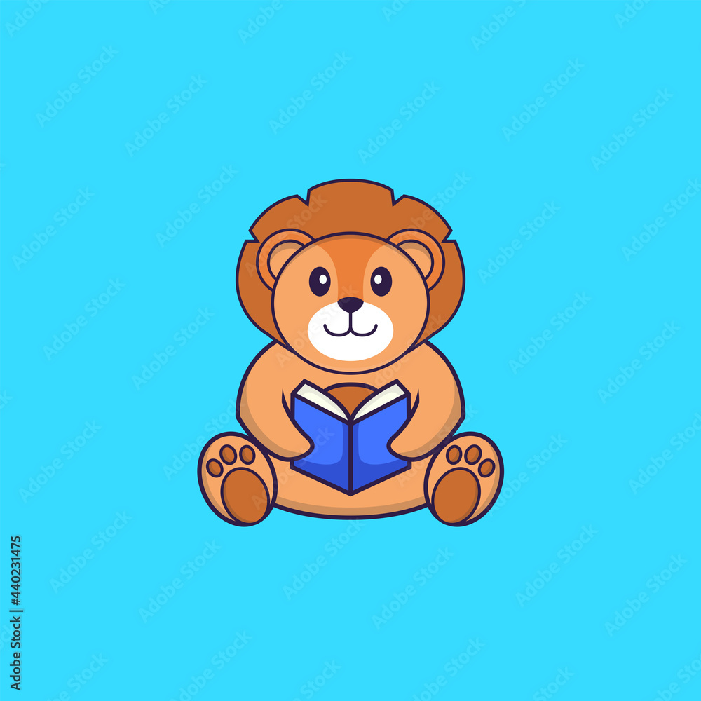 Obraz premium Cute lion reading a book. Animal cartoon concept isolated. Can used for t-shirt, greeting card, invitation card or mascot. Flat Cartoon Style