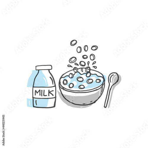 set of healthy breakfast illustration. fresh milk bottle with cereal in the bowl with spoon icon. hand drawn vector. doodle art for logo, branding, cover, poster, banner, advertising, sticker. 