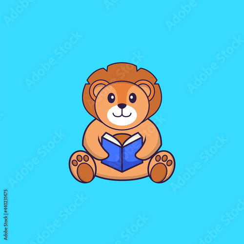 Cute lion reading a book. Animal cartoon concept isolated. Can used for t-shirt  greeting card  invitation card or mascot. Flat Cartoon Style