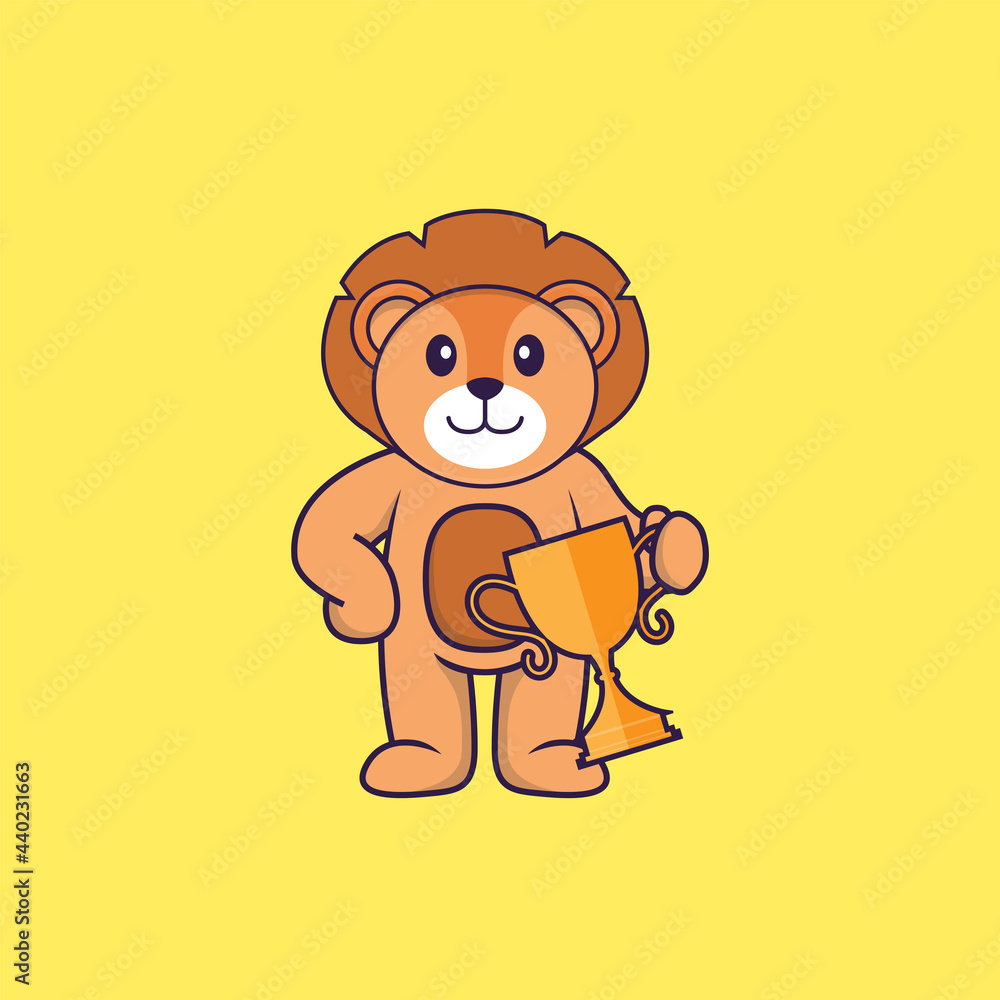 Obraz premium Cute lion holding gold trophy. Animal cartoon concept isolated. Can used for t-shirt, greeting card, invitation card or mascot. Flat Cartoon Style