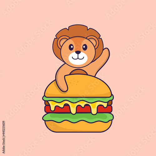 Cute lion eating burger. Animal cartoon concept isolated. Can used for t-shirt, greeting card, invitation card or mascot. Flat Cartoon Style