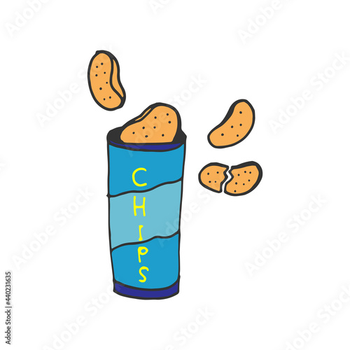 chips tube illustration on white background. fast food icon. popular snack, hand drawn vector. crispy and delicious, salty flacor. doodle art for logo, label, clipart, poster, branding, advertising.