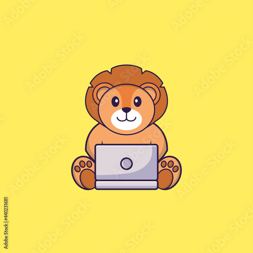 Cute lion using laptop. Animal cartoon concept isolated. Can used for t-shirt, greeting card, invitation card or mascot. Flat Cartoon Style