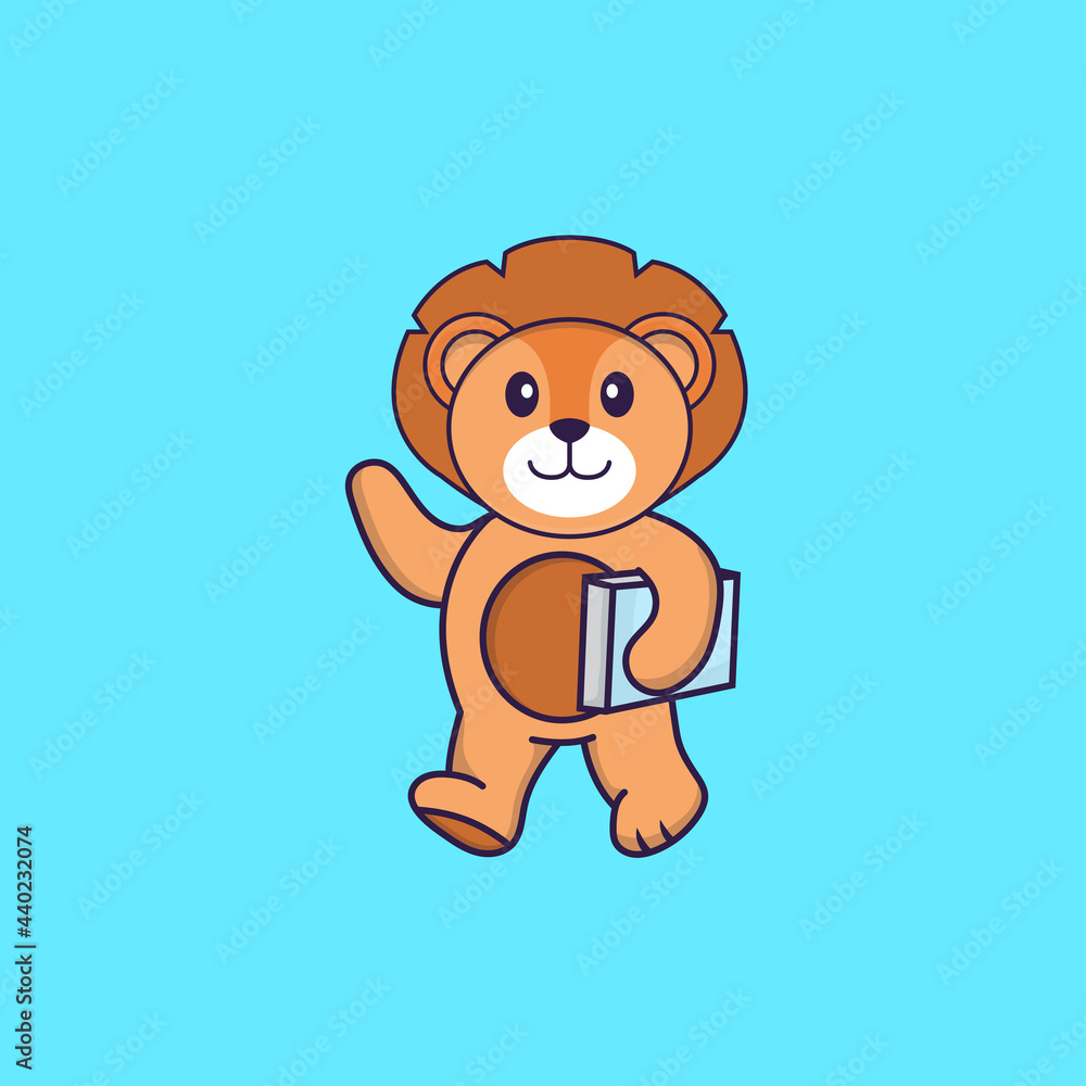 Obraz premium Cute lion holding a book. Animal cartoon concept isolated. Can used for t-shirt, greeting card, invitation card or mascot. Flat Cartoon Style