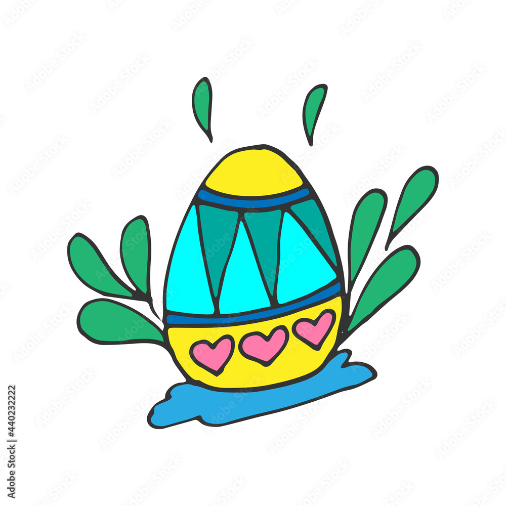 Fototapeta premium cute easter egg with green grass illustration on white background. hand drawn vector. doodle art for logo, cover, poster, banner, poster, backdrop, sticker, clipart. beautiful design template. 
