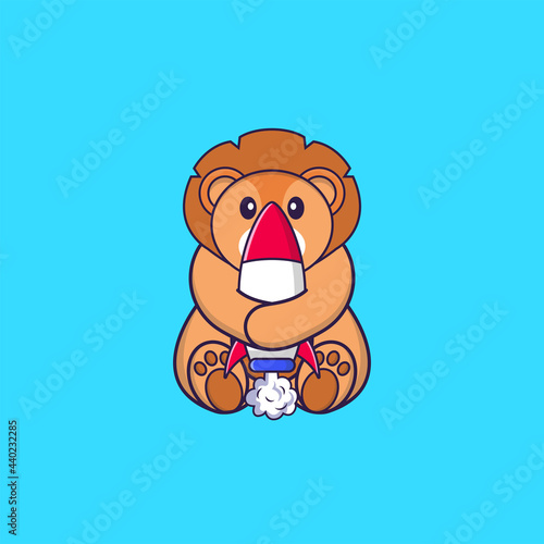 Cute lion holding a rocket. Animal cartoon concept isolated. Can used for t-shirt  greeting card  invitation card or mascot. Flat Cartoon Style